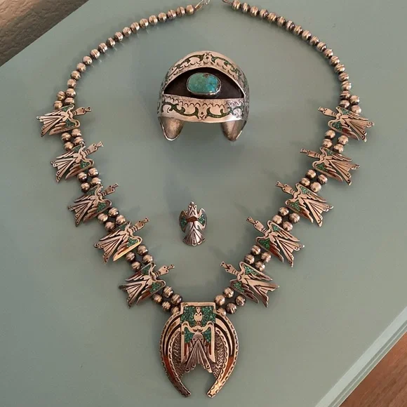 Silver Handmade Vintage Squash Blossom Necklace, Bracelet, Ring - Picture 1 of 16